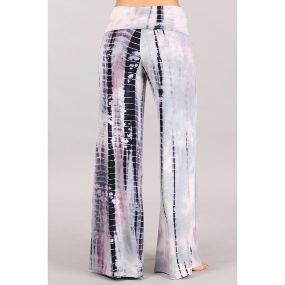 Silver & Pink Tie Dye High Waist Bohemian Wide Leg Palazzo Lounge Casual Pants - Picture 3 of 6